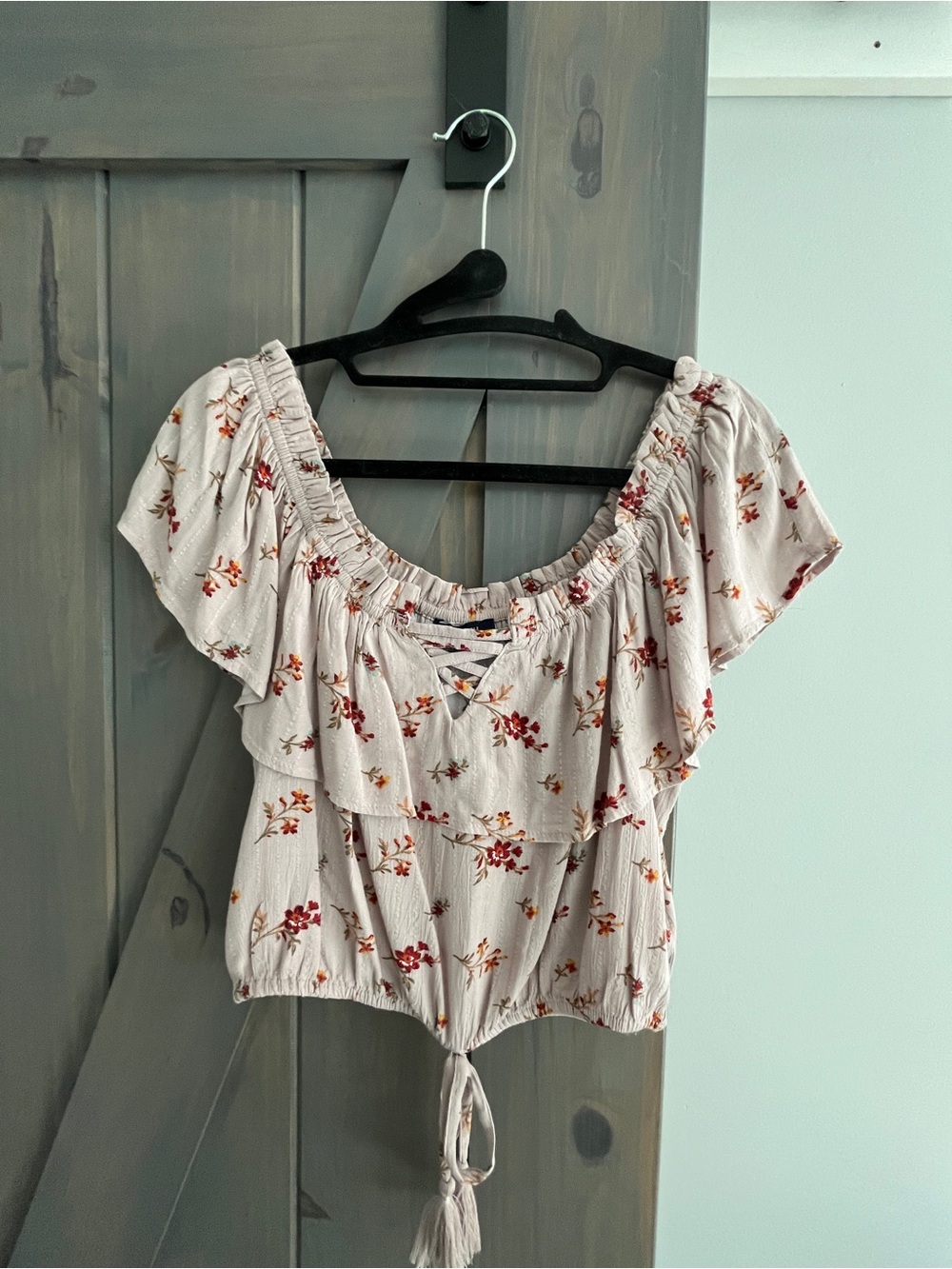 American Eagle Outfitters Cream Crop Top with Red Floral